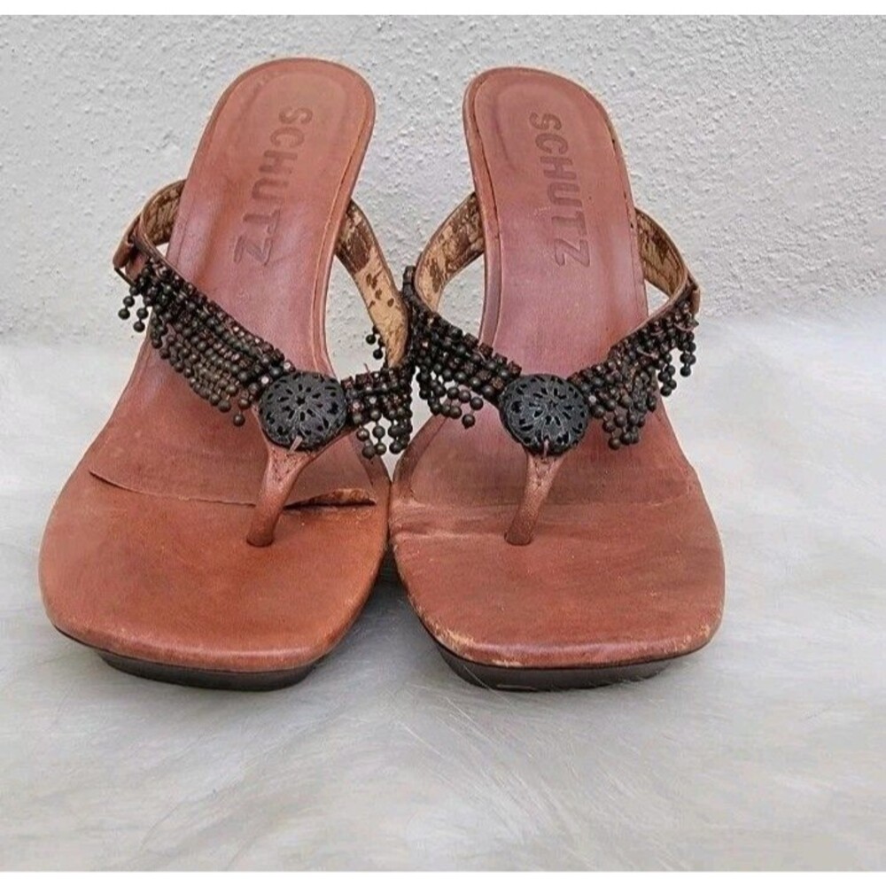 Schutz platter embellished heels sandals brown Wmns sz 6B